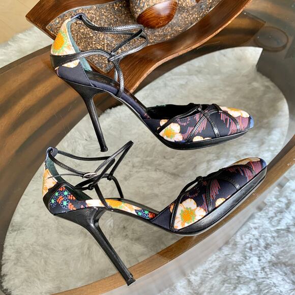 Casadei Floral Print with Leather Trim Evening Shoes Size 7 - Picture 7 of 14